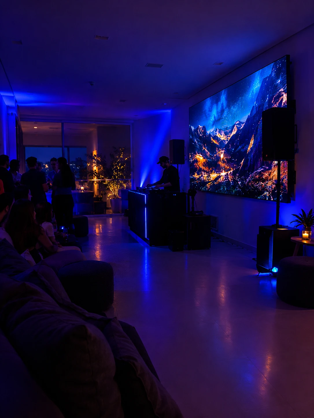 Convidados reunidos no lounge com telão de LED